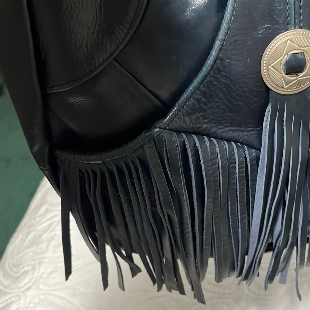 Genuine Leather Fringe Crossbody Bag, Shoulder Bag, Blue - Picture 6 of 7